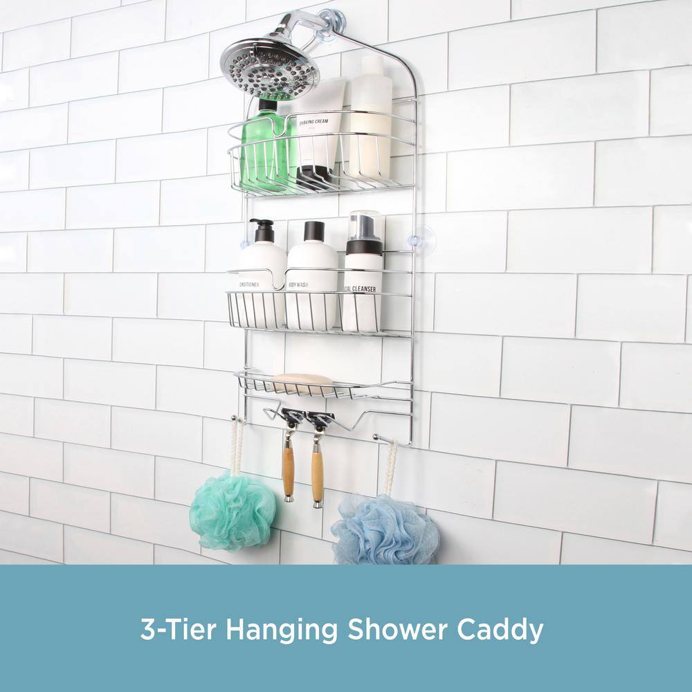 Kenney Rust-Resistant Heavy Duty 3-Tier Large Hanging Shower Caddy with Suction Cups and Four Razor Holders in Chrome KN614151