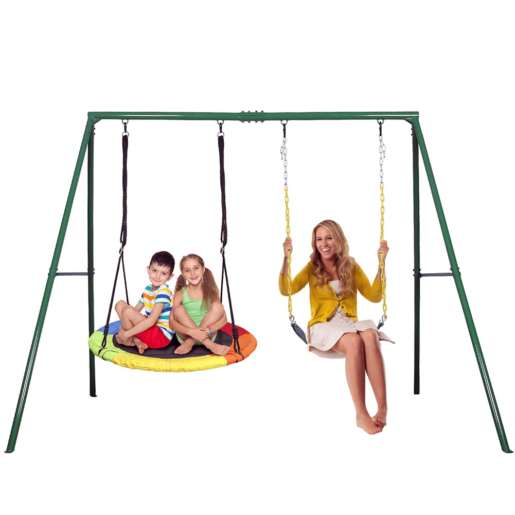 KLOKICK 440lbs 2 Seat Metal Swing Set with Heavy Duty A-Frame Metal Swing Stand