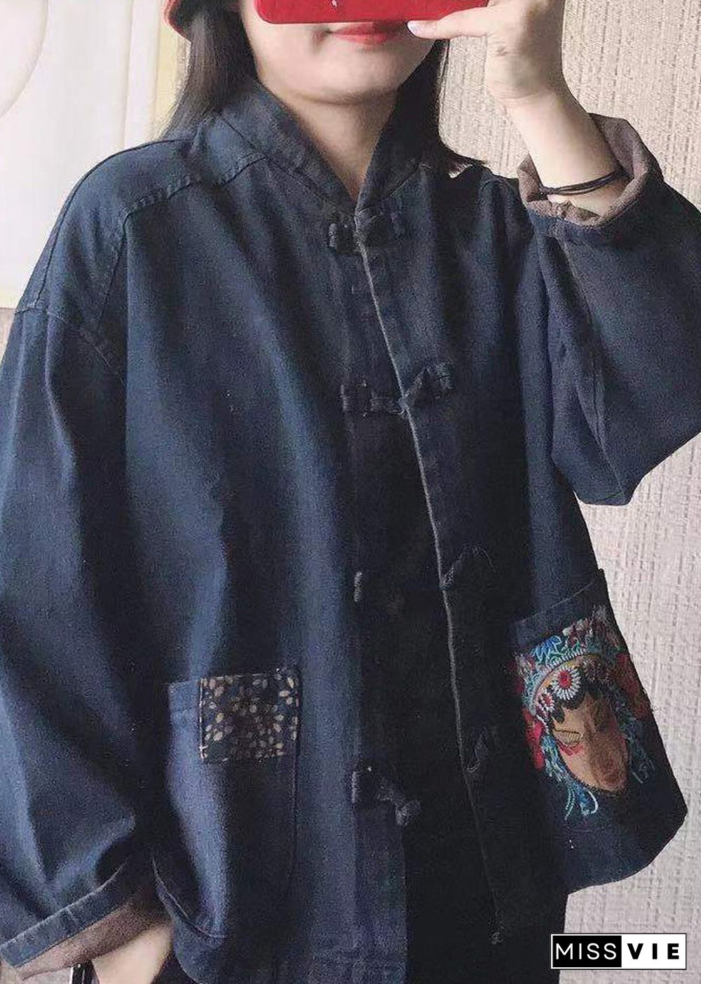 Women Black Stand Collar Embroideried Button Pockets Cotton Denim Coats Long Sleeve