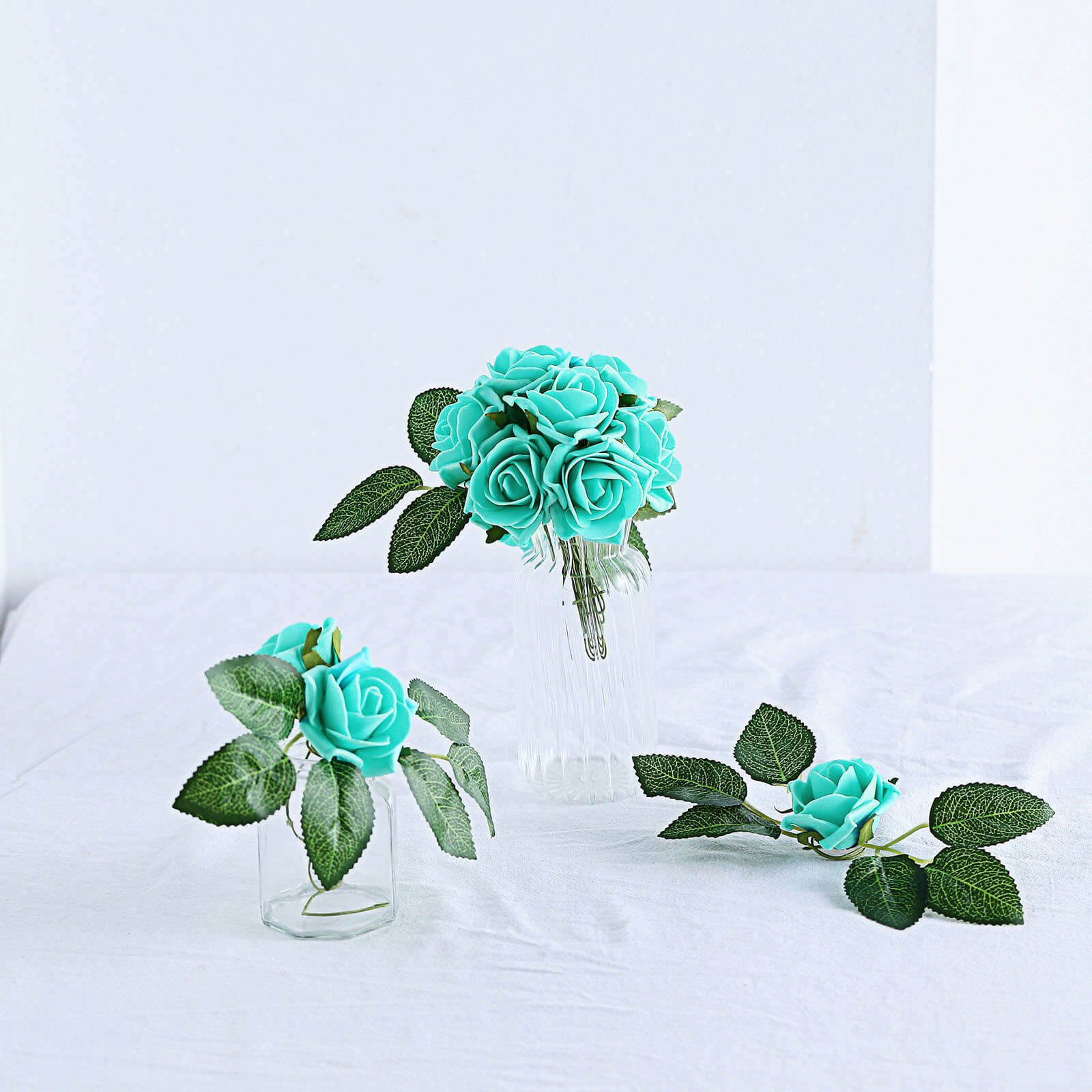 24 Roses Turquoise Artificial Foam Flowers With Stem Wire and Leaves 2