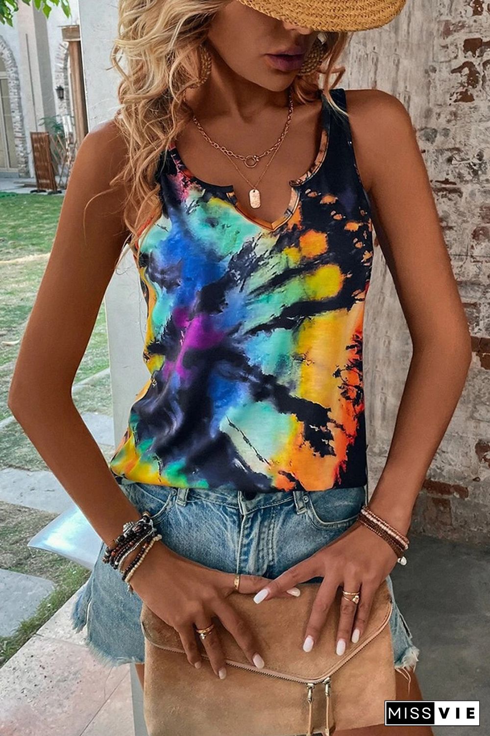 Split V Neck Tie Dye Tank Top