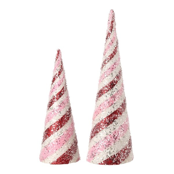 1418 Glitter Iced Striped Cone Tree Set of 2