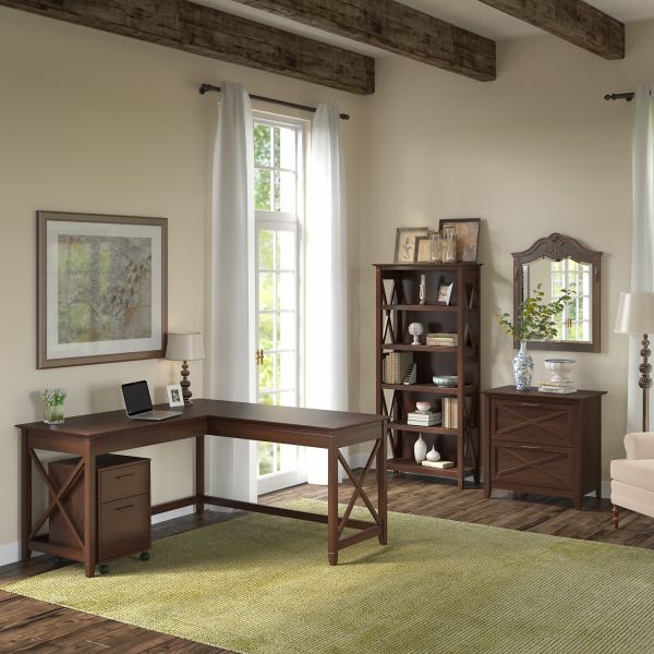 Bush Furniture Key West 60W L Shaped Desk with File Cabinets and 5 Shelf Bookcase in Bing Cherry