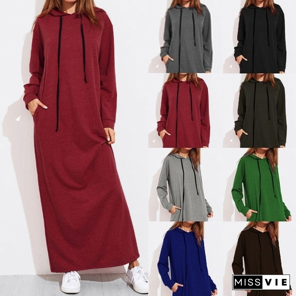 S-5Xl Women Long Hoodie Dress Maxi Long Sleeve Tunic Casual Loose Sweatshirt Dress Party Kaftan Plus Size