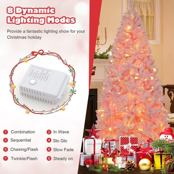 Gymax 7 FT PreLit Artificial Christmas Tree Lighted Pink Snow Flocked