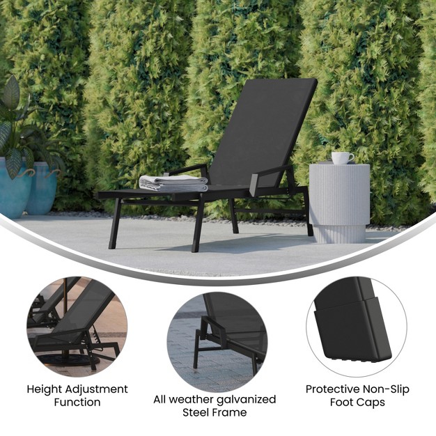 Emma And Oliver Textilene Adjustable 5 Position Patio Chaise Lounge With Armrests And Metal Frame