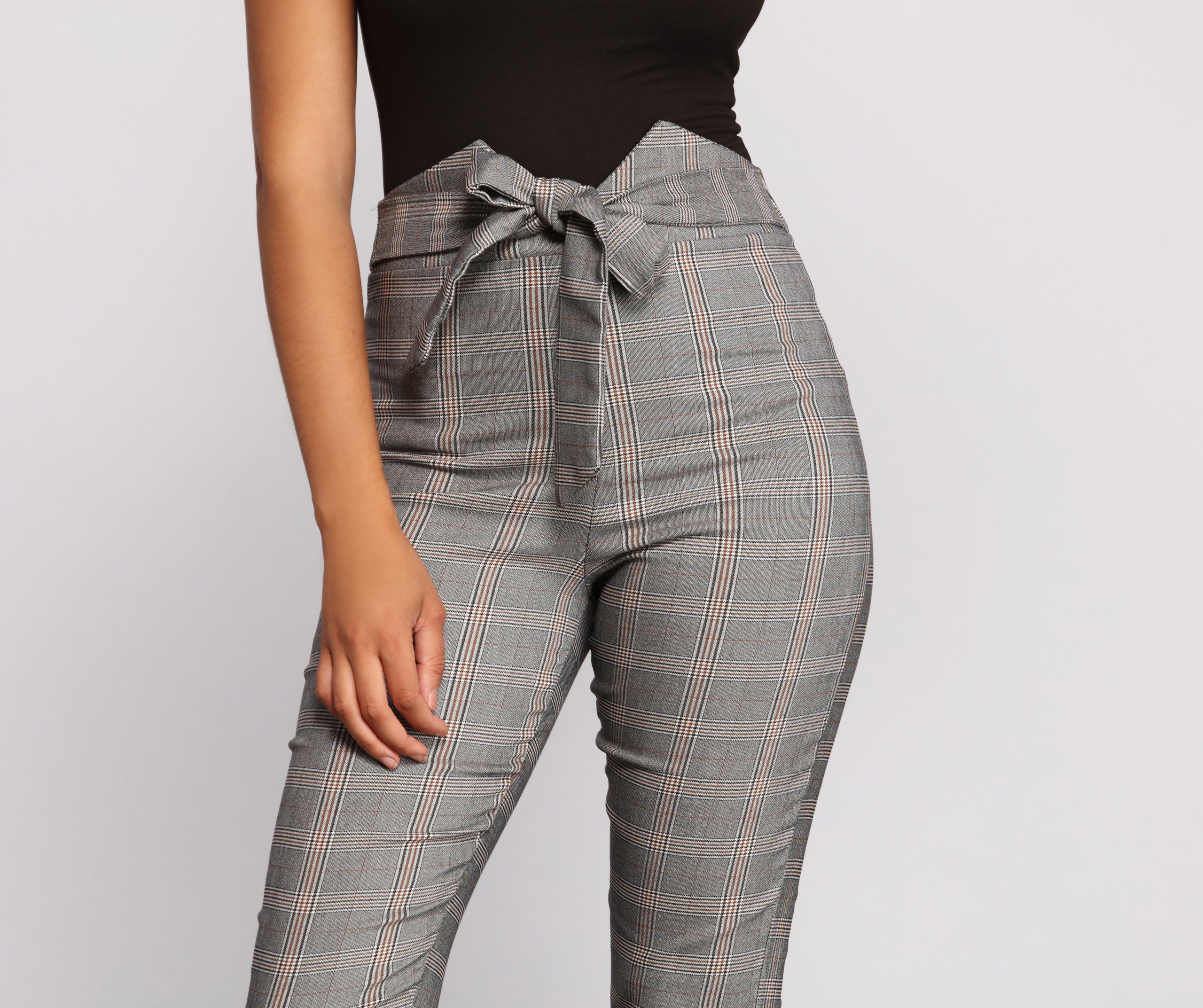 High Waist Tie Front Plaid Skinny Pants