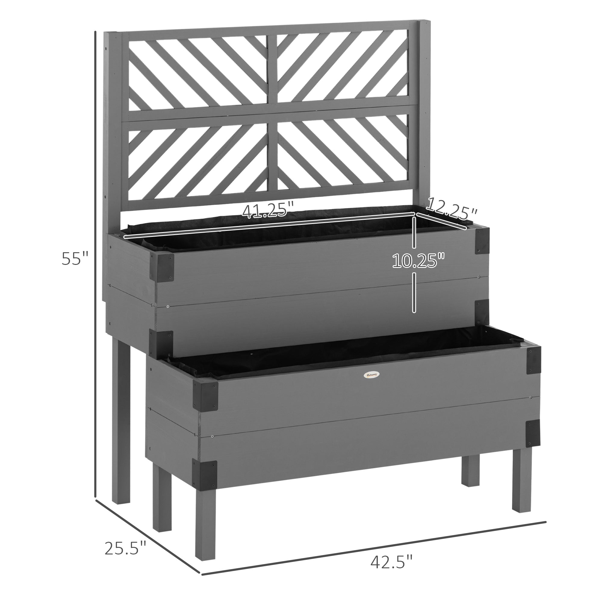 Outsunny 2 Tier Raised Garden Bed with Trellis, Wooden Elevated Planter Box with Legs and Metal Corners, for Vegetables, Flowers, Herbs, Gray