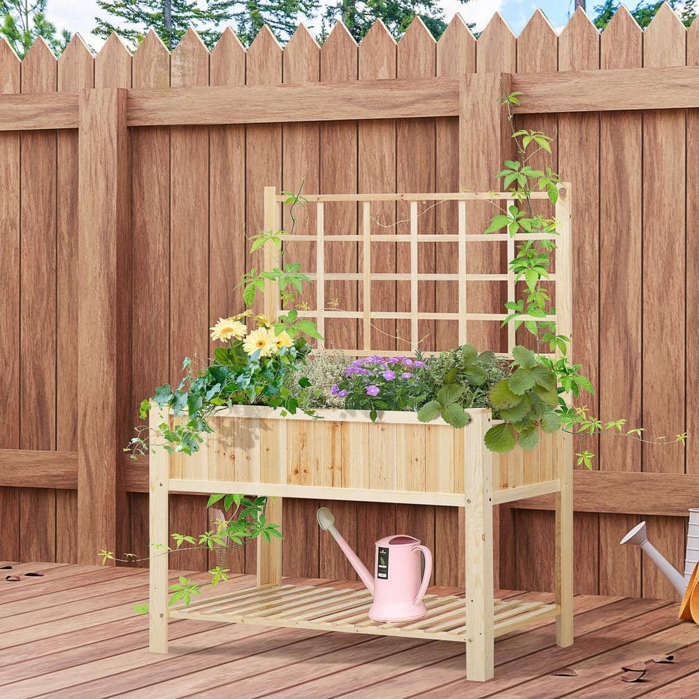 Outsunny 47 in. Natural Wooden Raised Garden Bed with Trellis Open Storage Shelf 845-474