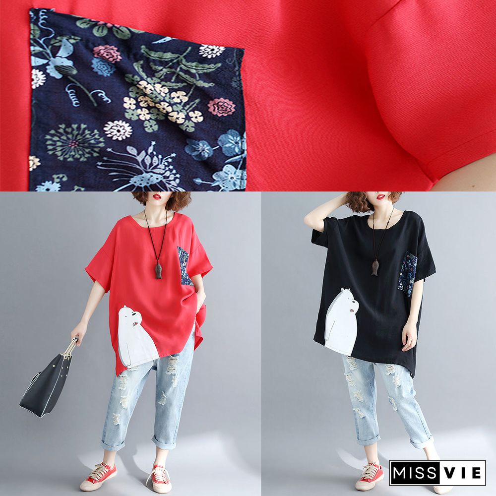 Simple red linen cotton linen tops women blouses Boho design pockets Batwing Sleeve daily tops