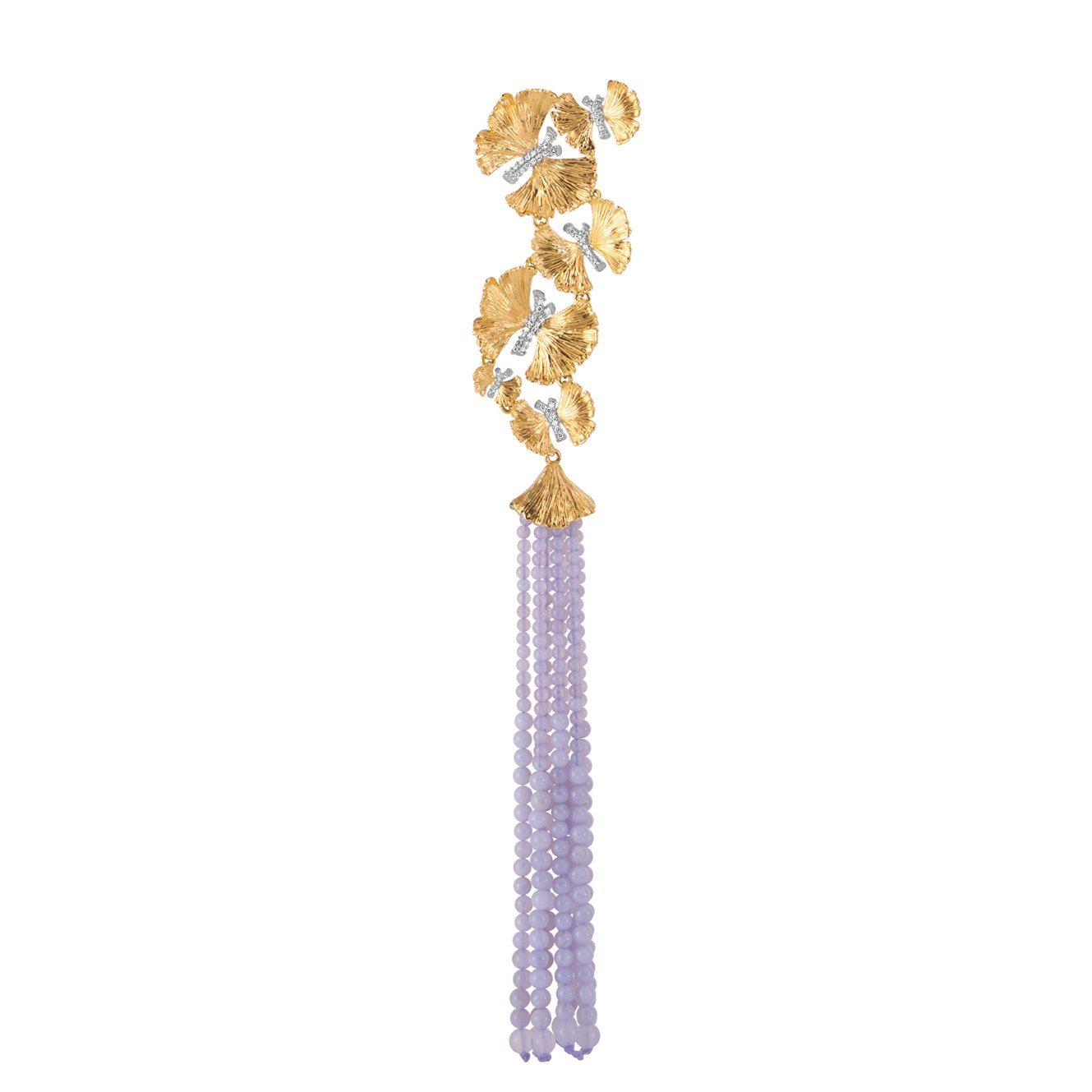 Butterfly Ginkgo Tassel Necklace with Chalcedony and Diamonds