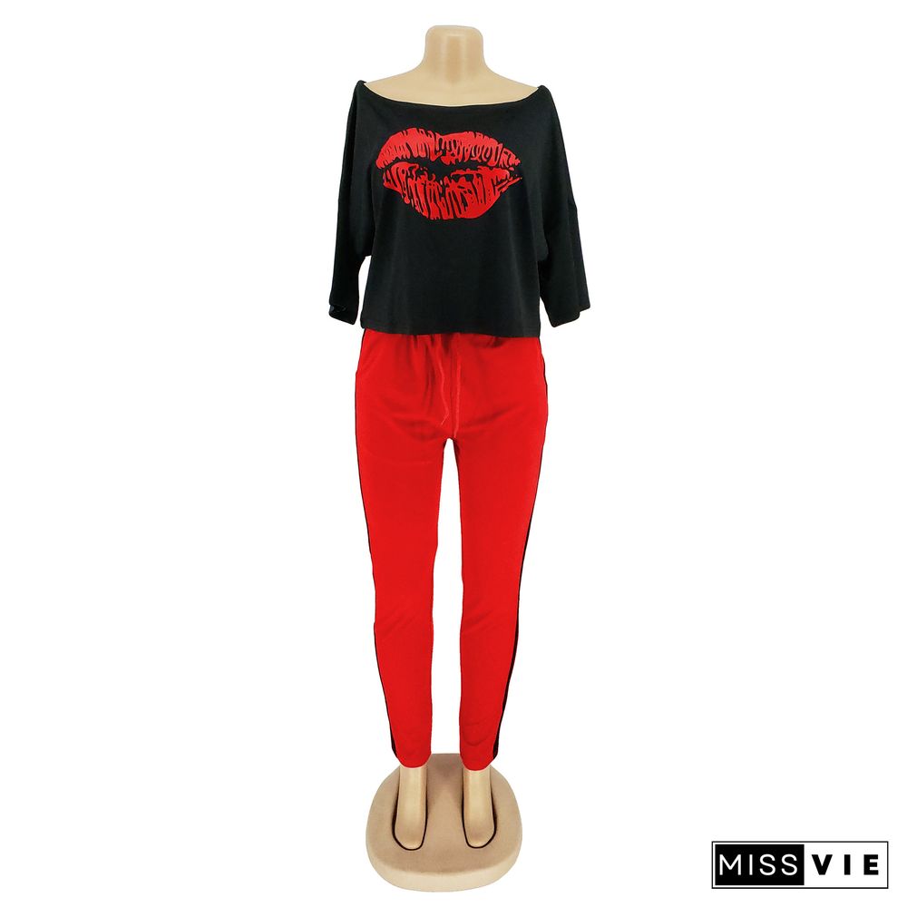 Lip Print Middle Sleeve T-shirt+ Contrast Color Trousers Two-piece Set