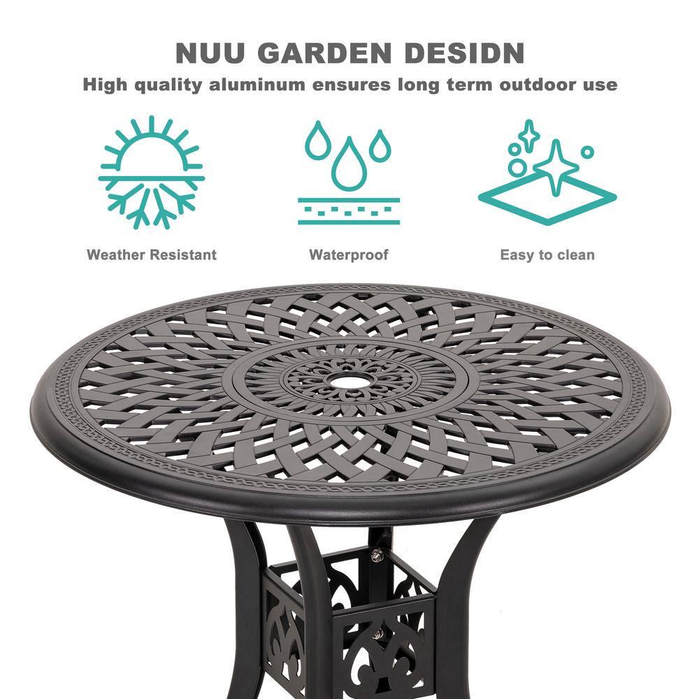 Nuu Garden 30 in Black Round Aluminum Outdoor Bistro Round Aluminum Patio Table with Umbrella Hole in Black