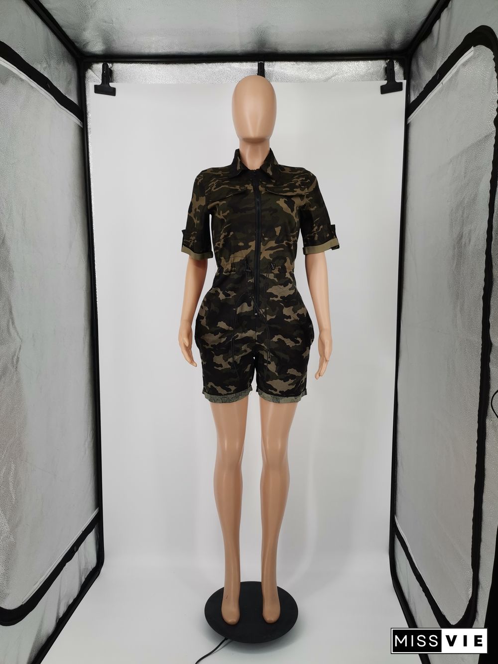 Camo Short Sleeve Turn Down Collar Zipper Romper