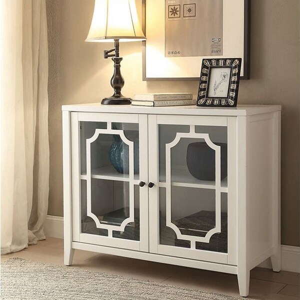 White Wood Console Table Storage Cabinet With 2 Glass Door and Shelf