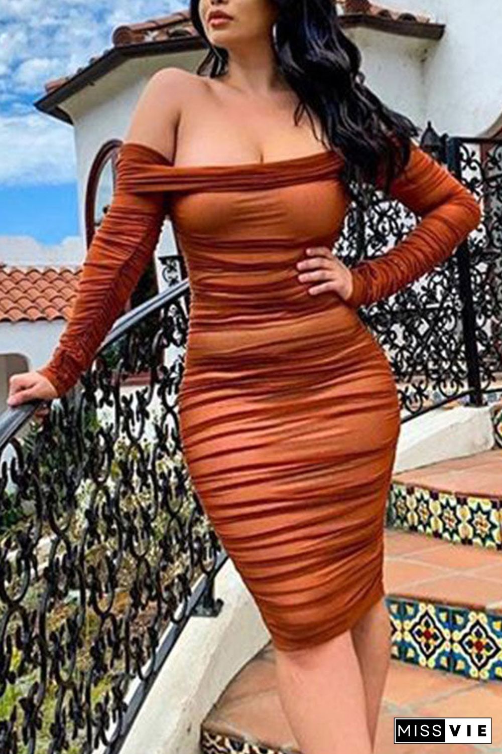 Sexy Off-the-shoulder Shirred Bodycon Dress