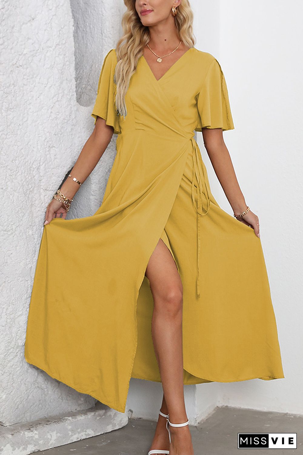 Plain Wrap V Neck Side Split With Sash Maxi Dress