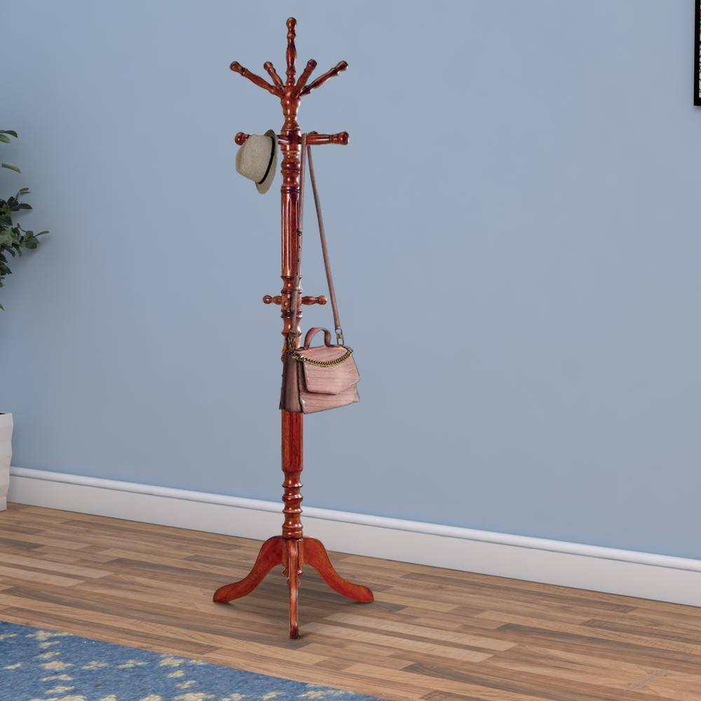 Benjara Traditional Brown Wooden Coat Rack with Spining Top BM160074