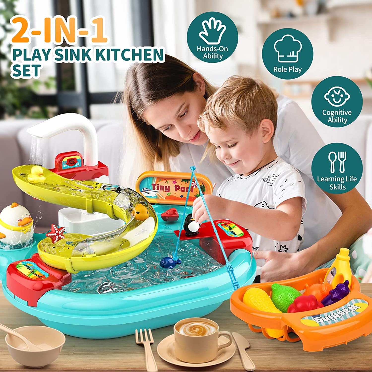 Beefunni Kitchen Sink Toys, Children Electric Dishwasher Playing Toy with Running Water,2 in 1 Fishing Pool Toys Pretend Role Play Toys for Boys Girls 3 Years and Up