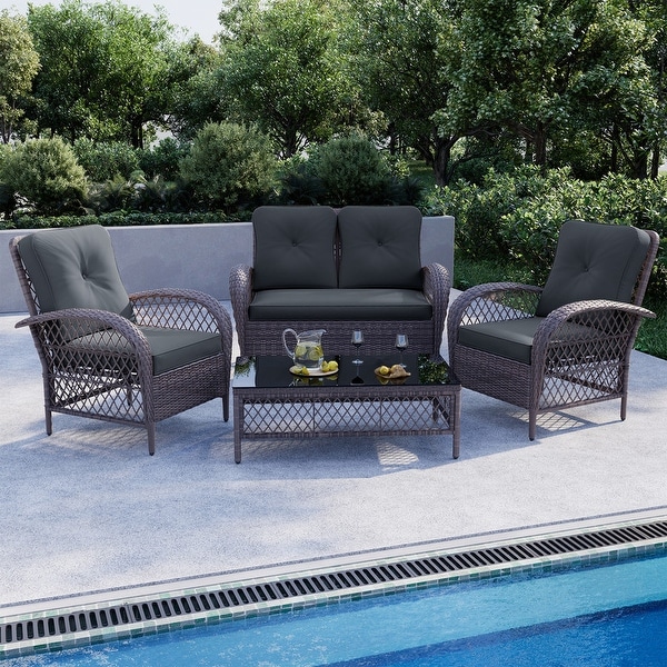 UPHA 4Piece Brown Wicker Patio Conversation Deep Seating Set with Coffee Table and Cushions