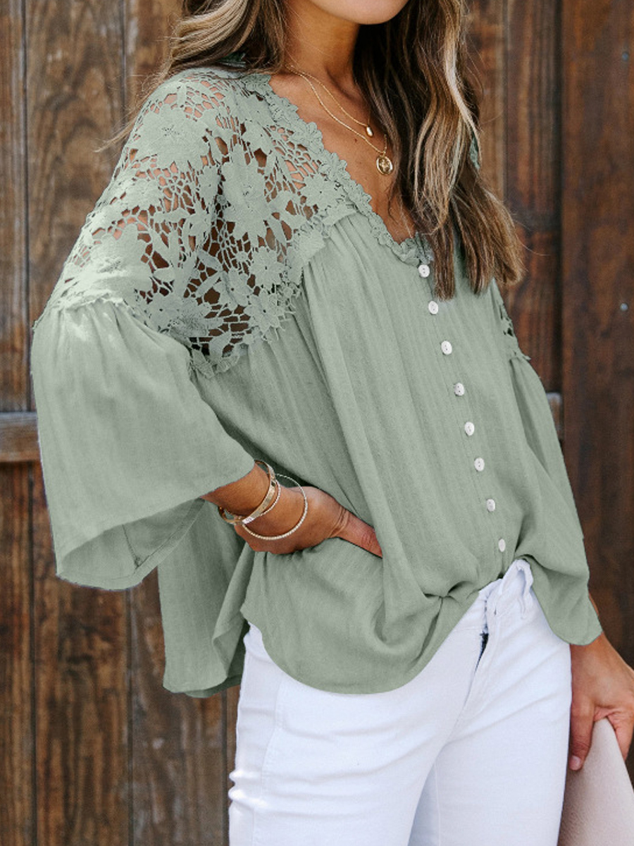 Casual Solid Color Patchwork Lace V Long Sleeve Shirt