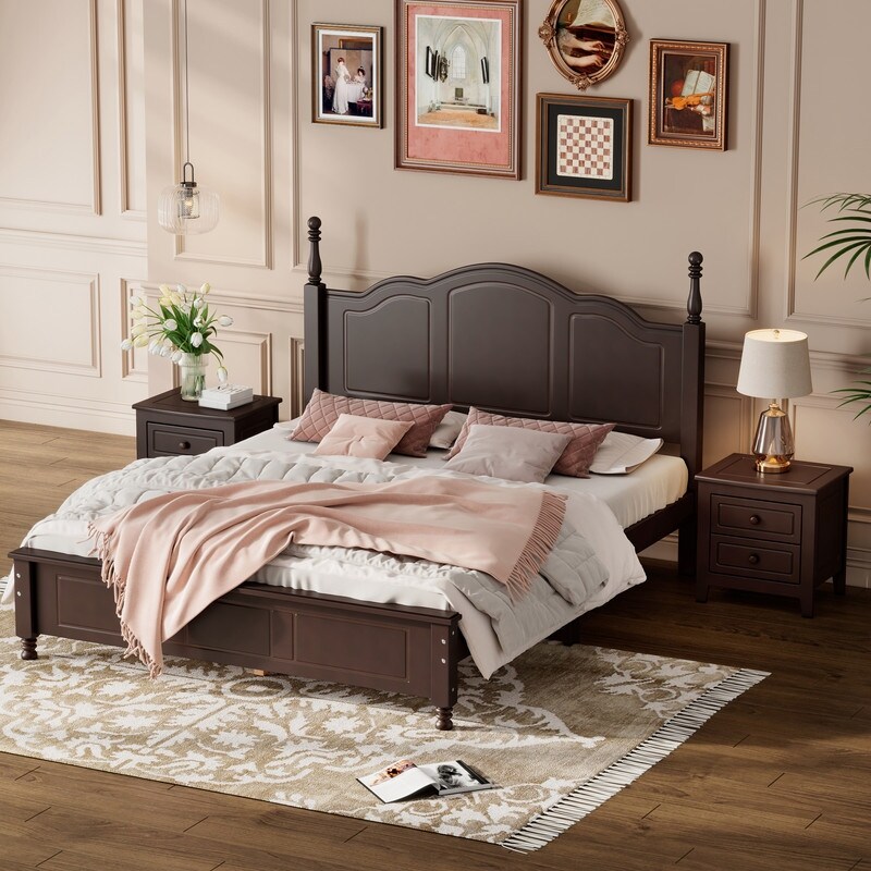 3 Pieces Bedroom Sets  Full/Queen Size Wood Platform Bed and Two Nightstands  Bed frame with Headboard