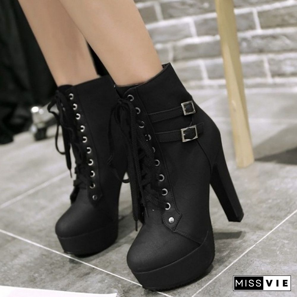 New Women Fashion Short Boots Comfortable High Heel Waterproof Platform Coarse Heel Middle Barrel Boots