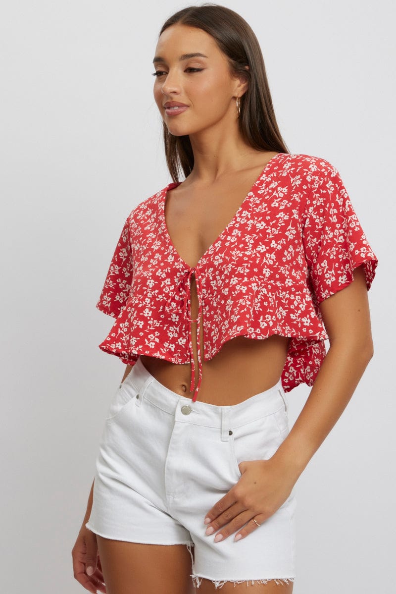 Red Ditsy Tie Up Top Short Sleeve Crop