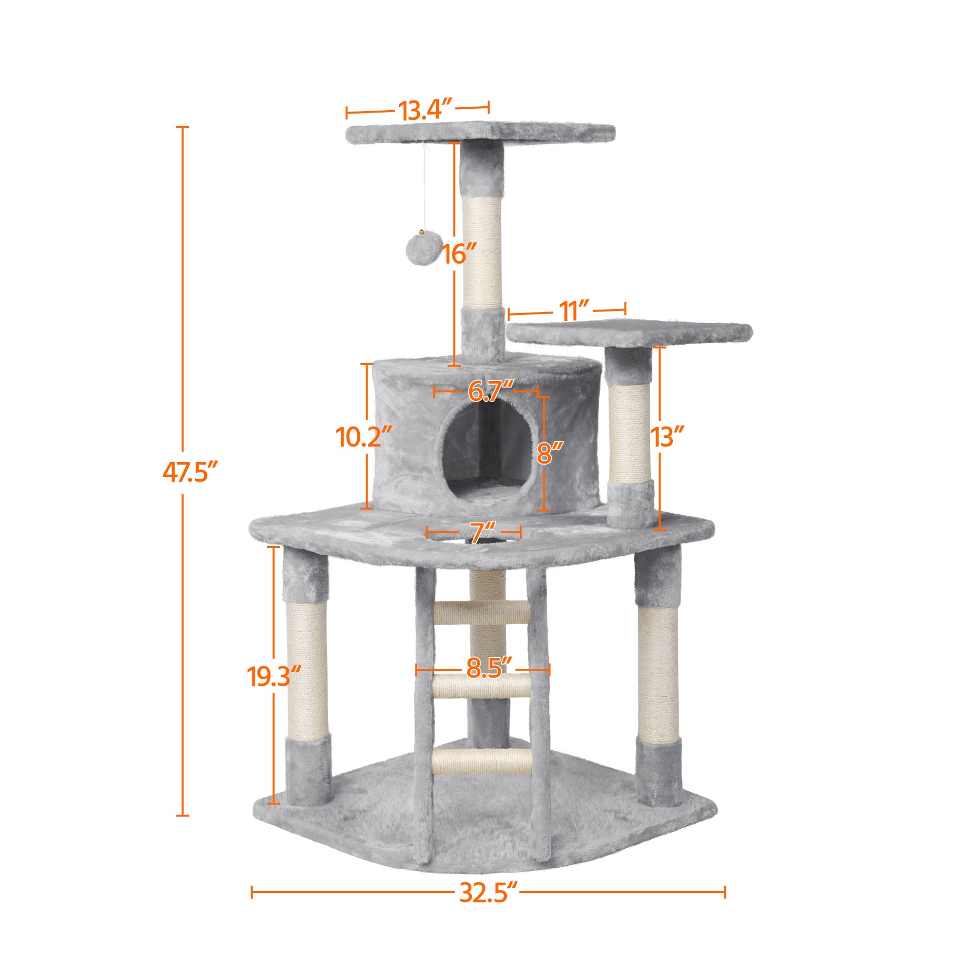 Topeakmart Light Gray 3-Level Cat Tree Condo with Ladder， 47.5