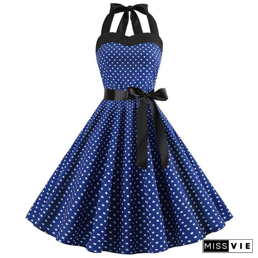 Sexy Halter Party Dress Retro Polka Dot Vintage Dresses Elegant Midi Dress