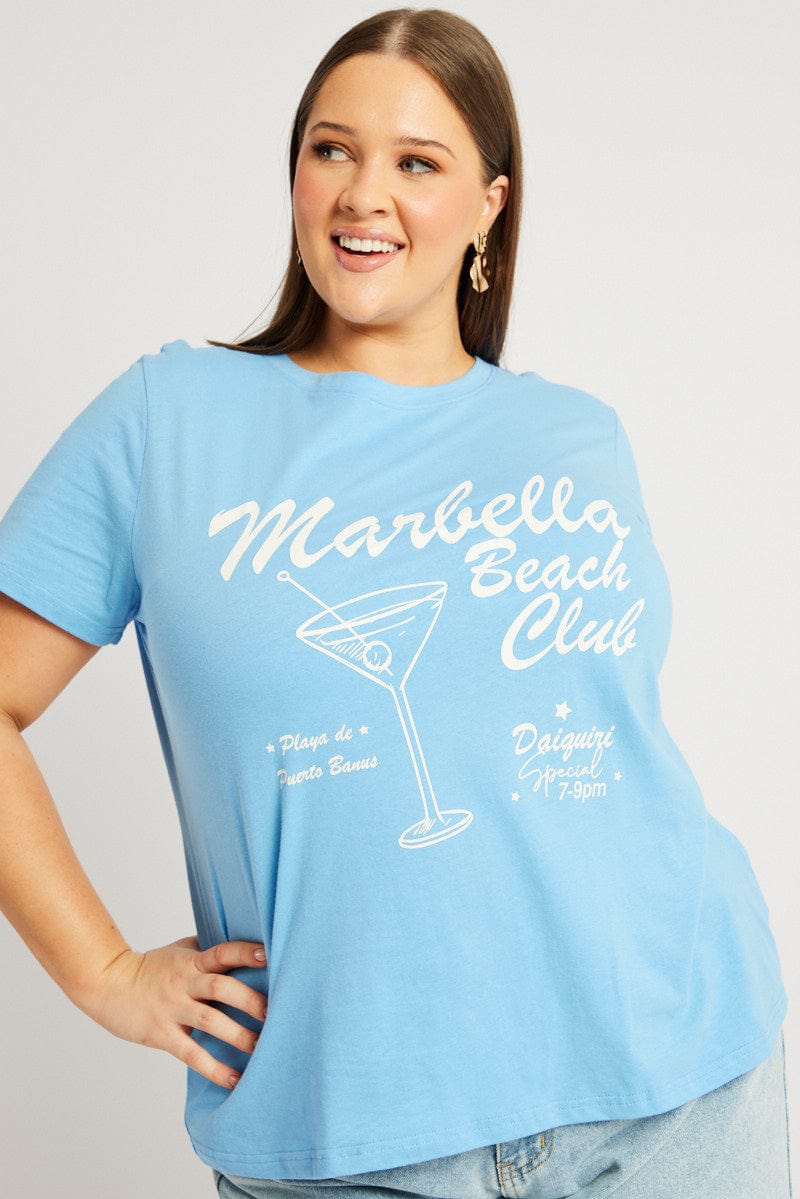 Blue Graphic T Shirt Short Sleeve Crew Neck