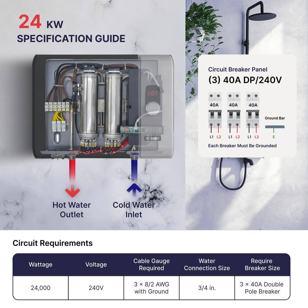 ATMOR 24kW 4.65 GPM Electric Tankless Water Heater Ideal for 2 Bedroom Home up to 5 Simultaneous Applications AT-24WH-HD