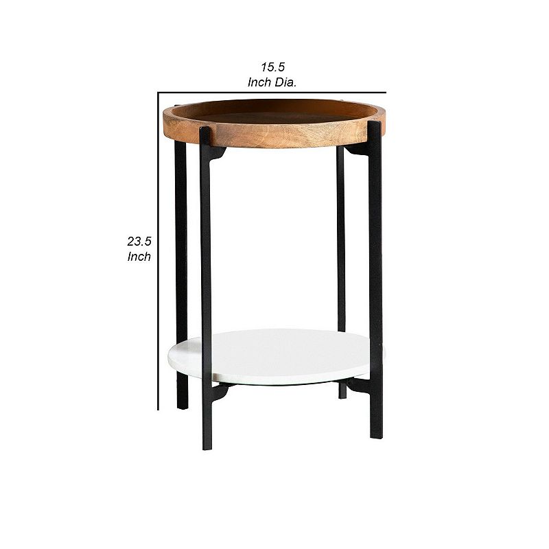 24 Inch Modern End Accent Table， Round Marble Shelf， Wood， White， Brown