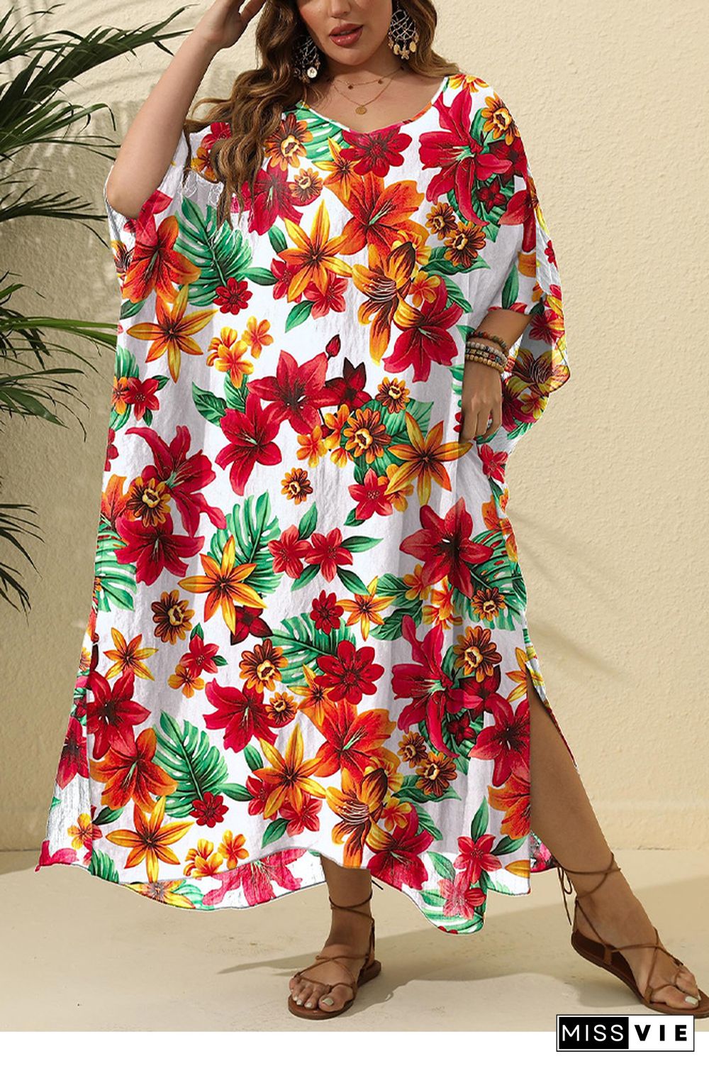 Red Floral Oversize Kimono Cover Up Dress