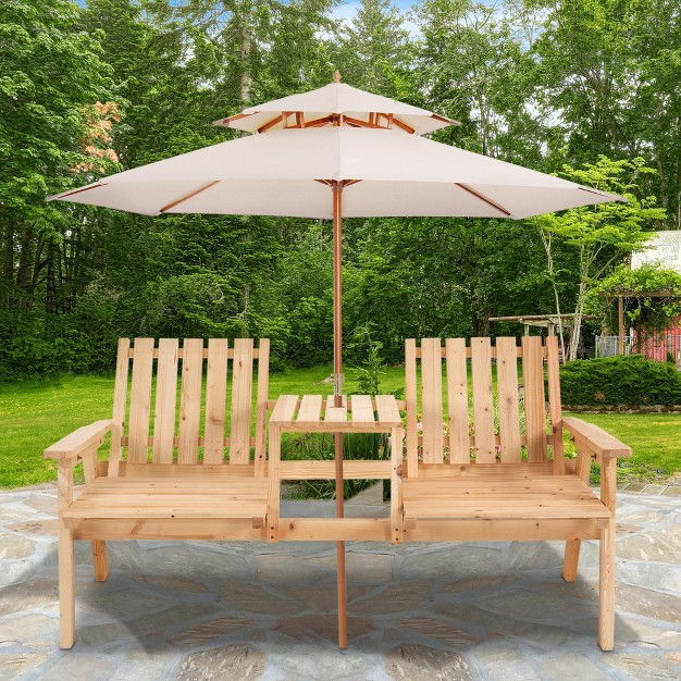 Outsunny Wooden Garden Bench With Umbrella Hole amp Middle Table Outdoor Loveseat With Weather fighting Material 2 Person Chair For Garden Patio Balcony