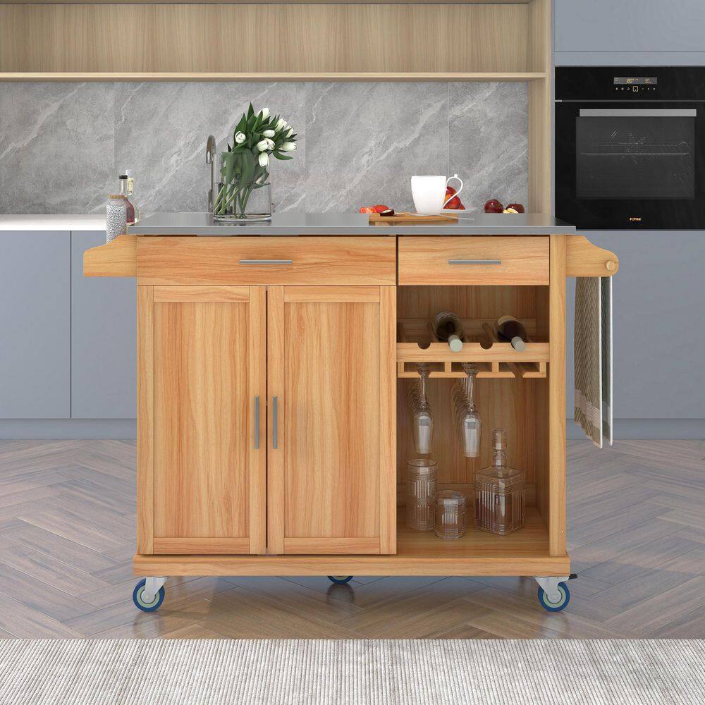 51 in. W Brown MDF Stainless Steel Top Kitchen Cart Kitchen Island on Wheels with 2-Drawers and Goblet Holder wykkisland06