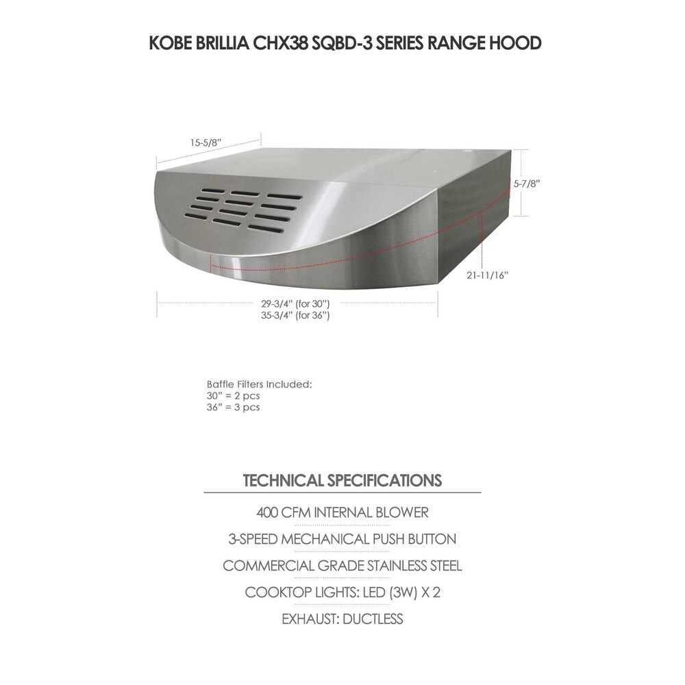 KOBE CHX3830SQBD 3 Brillia 30 inch Under Cabinet Range Hood  with 3 speed  400 CFM  LED Lights  and Baffle Filters