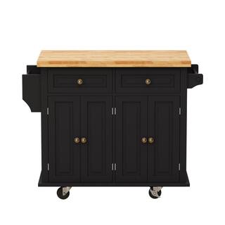 Black MDF Wood 43.31 in. W Kitchen Island Cart with 2-Storage Cabinets and 2-Locking Wheels cartjinx2