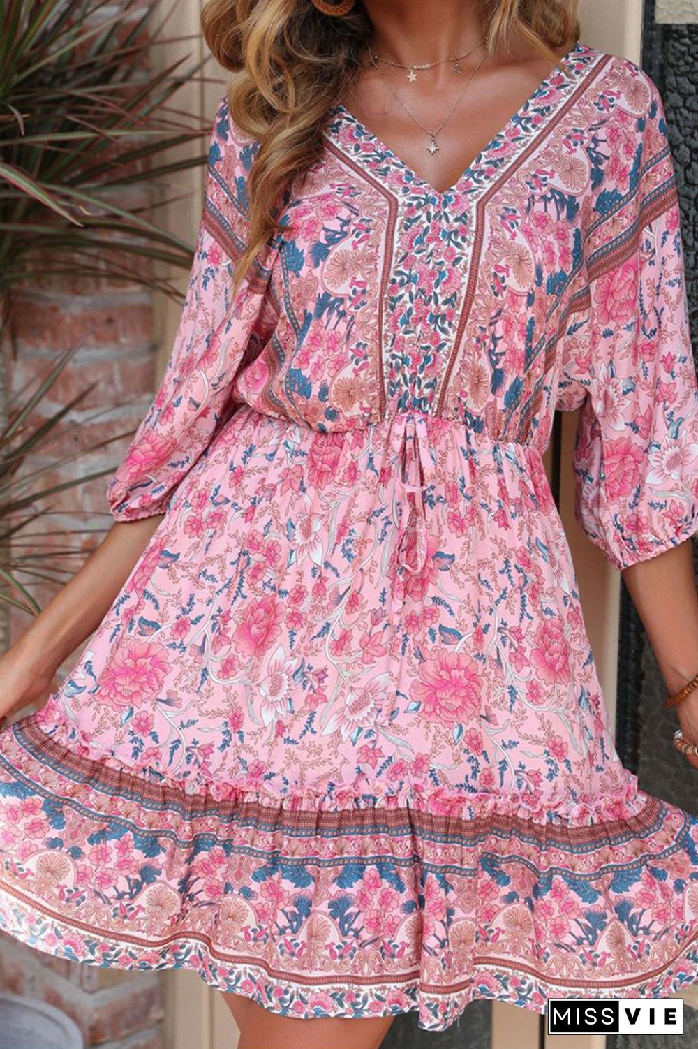 Pink Floral Print Vintage Loose Dress Wholesale