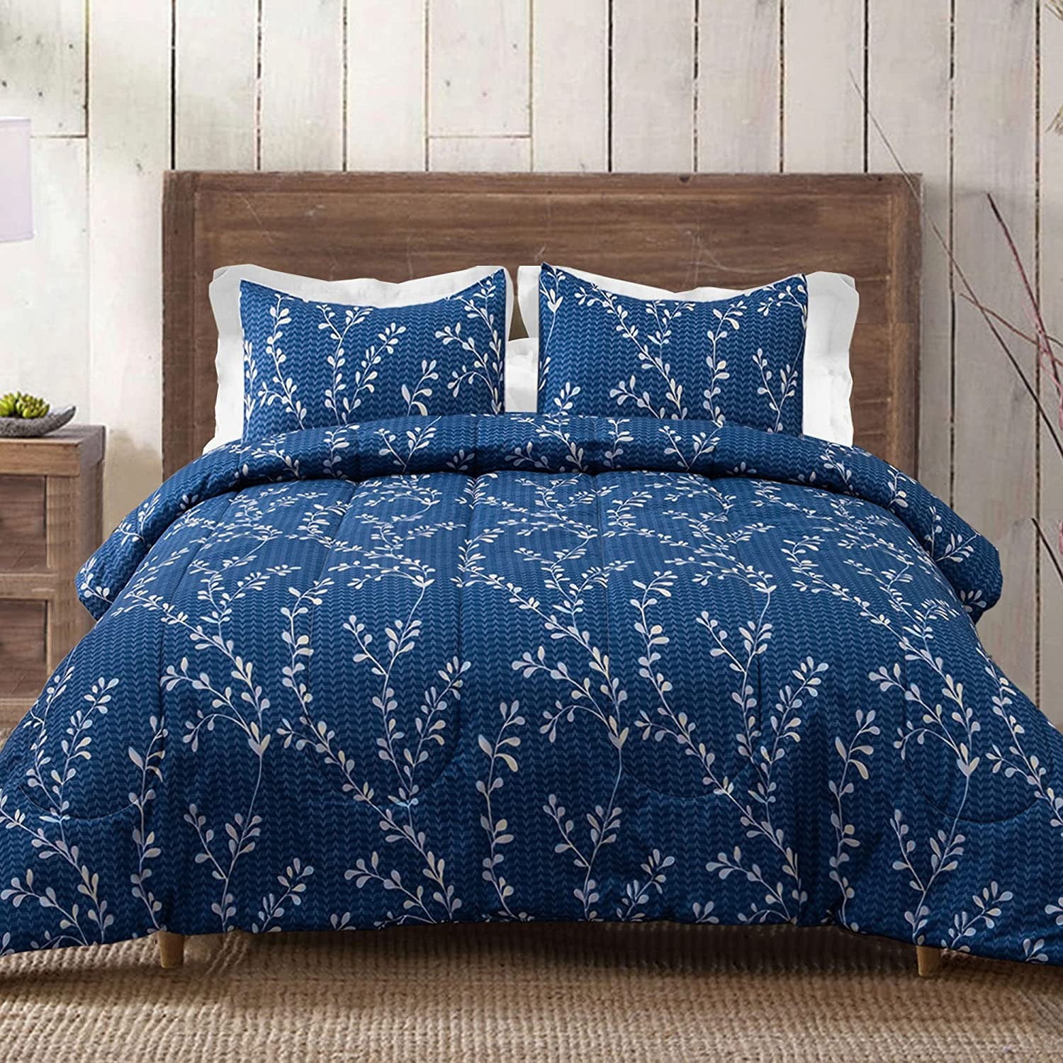 Exclusivo Mezcla 2-Piece Floral Twin Size Comforter Set， Microfiber Bedding Down Alternative Comforter for All Seasons with 1 Pillow Sham， Navy