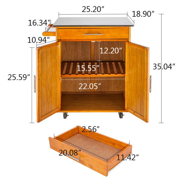 Wulawindy Moveable Kitchen Cart with Stainless Steel Table Top and One Drawer and One Cabinet Sapele