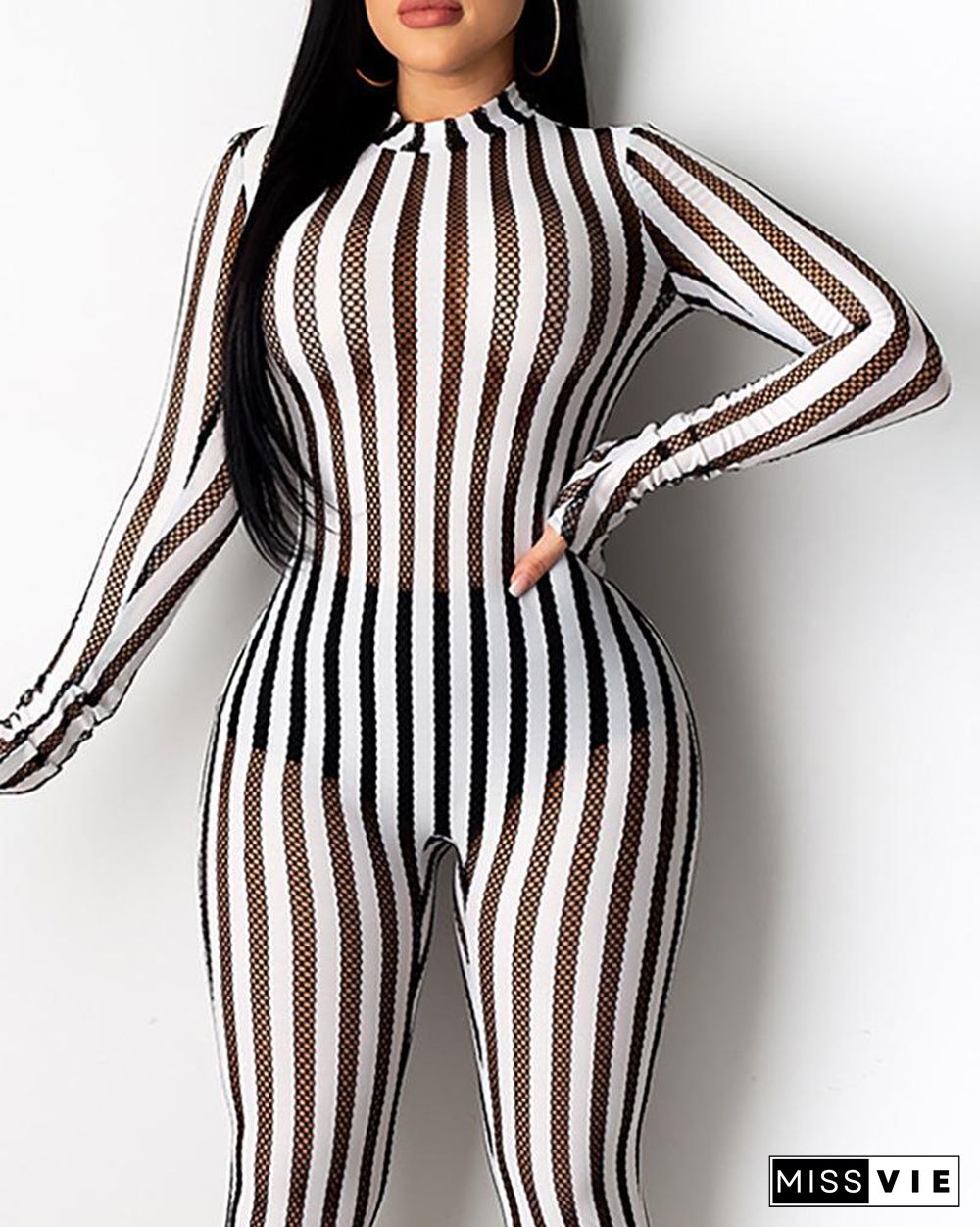 Striped Long Sleeve Casual Jumpsuit