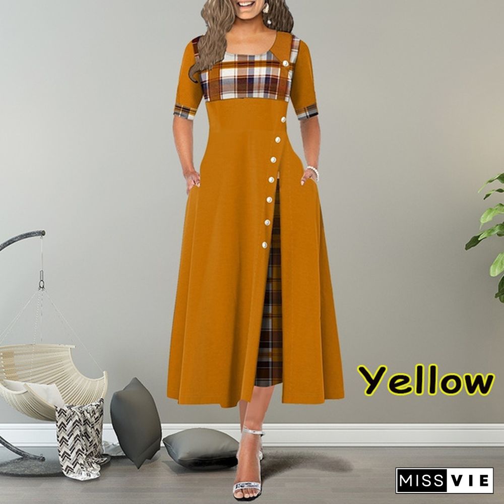 New Women Short Sleeve Plaid Print Elegant Dress Comfy Round Neck High Waist Long Skirt Retro Button Design Maxi Dress Daily Casual Dress Plus Size