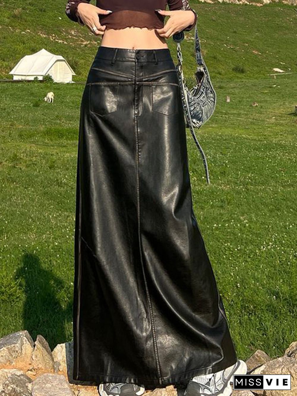 Vintage Leather Multi Pocket Maxi Skirt