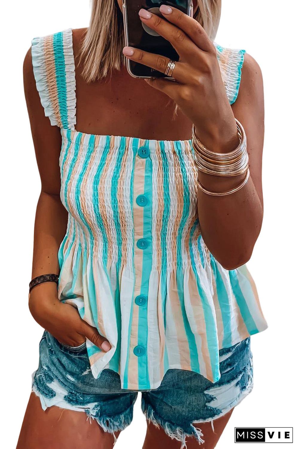 Striped Print Smocked Peplum Tank Top