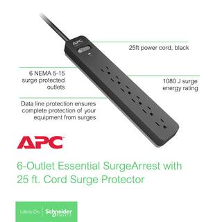 APC Black SurgeArrest 25 ft. Surge Protector with 6 outlets PE625