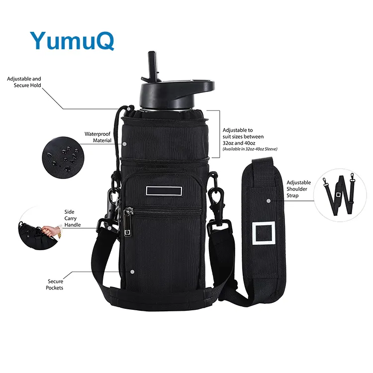 YumuQ 32 / 40 / 64 oz Neoprene Water Bottle Cover Holder With Adjustable Shoulder Strap For Hiking Travelling Camping