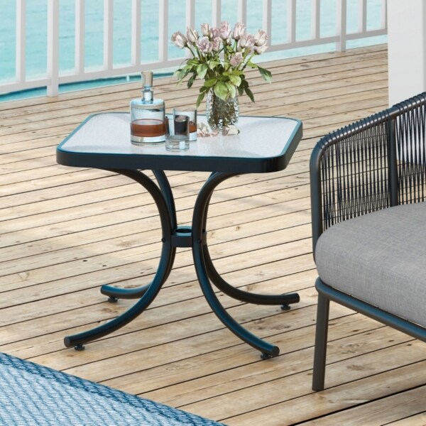 Tempered Glass Top Patio Table Outdoor Side Table with Heavyduty Metal Frame