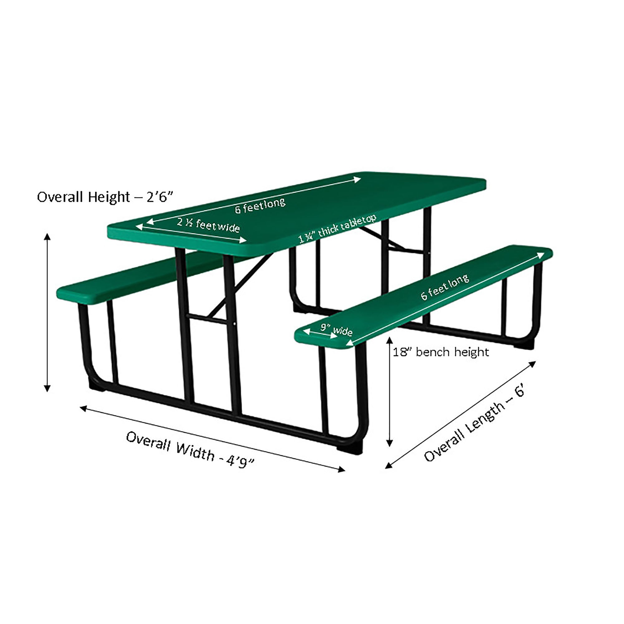 Norwood Commercial Furniture Blow- Molded Plastic Picnic Table， Green/Black， NOR-PTBM7260-6-10