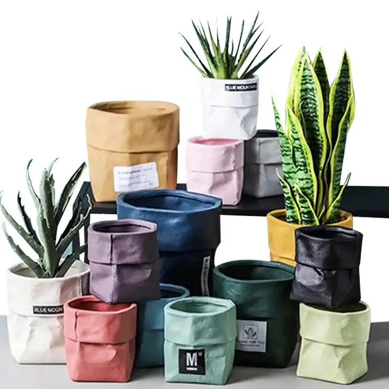 New Arrival Art Pots For Flowers Simulation Kraft Paper Bag Design With Drainage Ceramic Planter For Garden Supplies